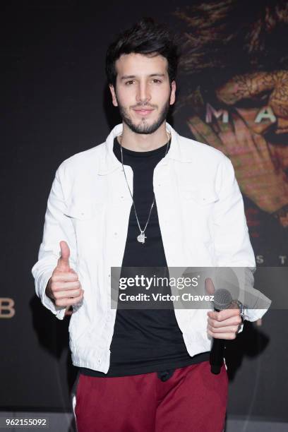 Colombian singer Sebastian Yatra attends a press conference to promote his new album "Mantra" at Universal Music on May 24, 2018 in Mexico City,...