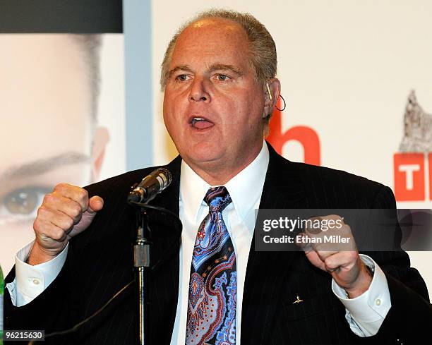 Radio talk show host and conservative commentator Rush Limbaugh, one of the judges for the 2010 Miss America Pageant, speaks during a news conference...