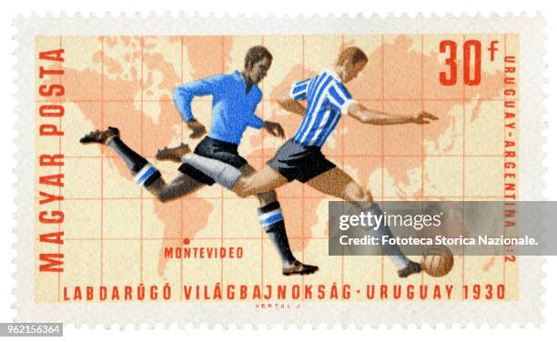 Uruguay-Argentina 4 to 2, the final game of the World Championships in Montevideo, Uruguay, 1930. Stamp of a series issued by the Hungarian Post at...