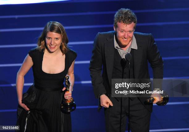 Musicians Marketa Irglova and Glen Hansard onstage during the 80th Annual Academy Awards at the Kodak Theatre on February 24, 2008 in Los Angeles,...