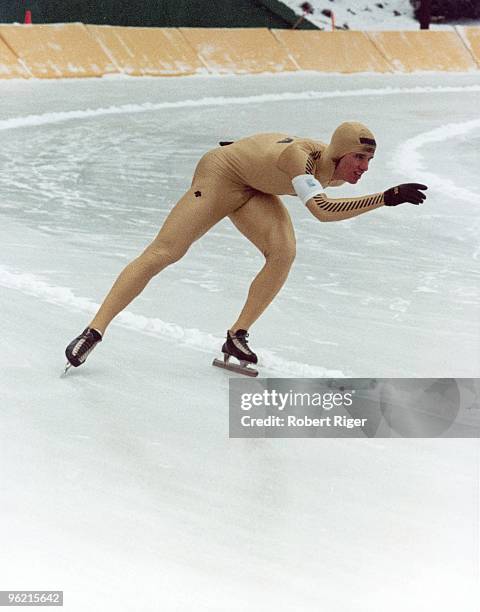 Eric Heiden of the United States competes in a Speed Skating event during the 1980 Winter Olympics in Lake Placid, New York.