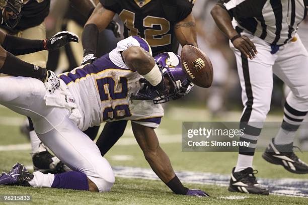 Playoffs: Minnesota Vikings Adrian Peterson in action, making fumble vs New Orleans Saints. New Orleans, LA 1/24/2010 CREDIT: Simon Bruty