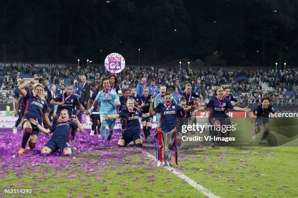 Eugenie Le Sommer of Olympique Lyonnais, goalkeeper Sarah Bouhaddi of Olympique Lyonnais, Ada Hegerberg of Olympique Lyonnais, Shanice van de Sanden...