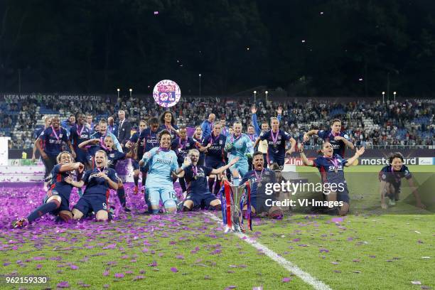 Eugenie Le Sommer of Olympique Lyonnais, goalkeeper Sarah Bouhaddi of Olympique Lyonnais, Ada Hegerberg of Olympique Lyonnais, Shanice van de Sanden...