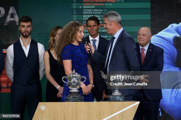 Guillaume Cizeron, winners of 2017 French Open Jelena Ostapenko of Lettonia, Rafael Nadal of Spain, presenter Marc Maury, President of French Tennis...