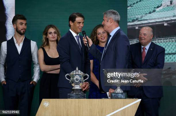 Guillaume Cizeron, Gabriella Papadakis winners of 2017 French Open Rafael Nadal of Spain, Jelena Ostapenko of Lettonia, presenter Marc Maury,...