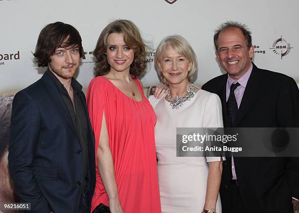 : Actors James McAvoy, Anne-Marie Duff, Dame Helen Mirren and director Michael Hoffman attend the "Ein Russischer Sommer" German premiere on January...