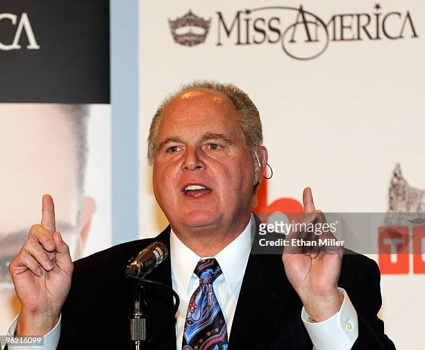 Radio talk show host and conservative commentator Rush Limbaugh, one of the judges for the 2010 Miss America Pageant, speaks during a news conference...
