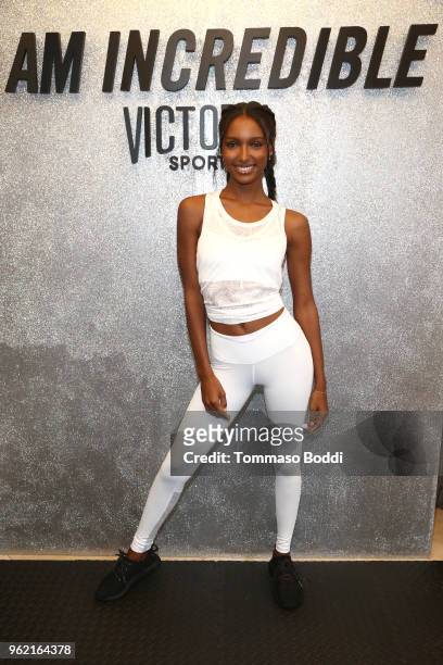 Jasmine Tookes attends Victorias Secret and Tone It Up Host a Slay Then Rosé workout with Angel Jasmine Tookes on May 24, 2018 in Los Angeles,...