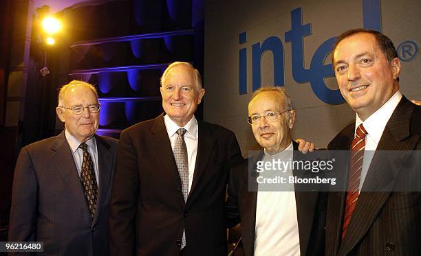 On his first day leading Intel Corporation as CEO, Paul Otellini, right, poses with former Intel CEOs shortly before Intel's annual shareholders...
