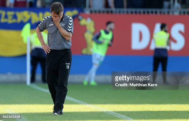 Head coach Daniel Jurgeleit of Flensburg gestures during the Third League Playoff Leg 1 match between SC Weiche Flensburg 08 and FC Energie Cottbus...