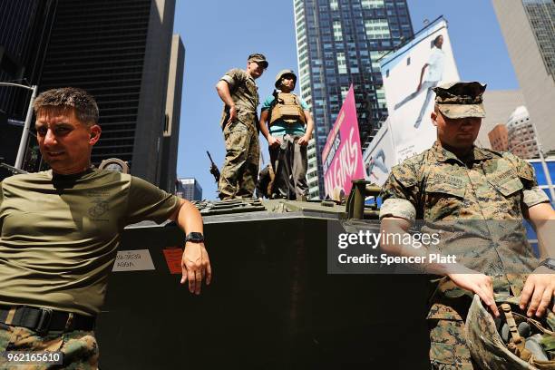 United States Marines give tours in Times Square as part of Fleet Week festivities on May 24, 2018 in New York City. Fleet Week, which has been held...