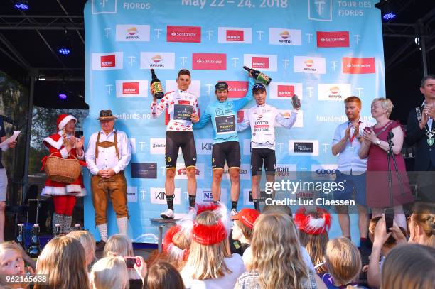 Podium / Carlos Verona of Spain and Team Mitchelton-Scott Polka Dot Mountain Jersey / Michael Albasini of Switzerland and Team Mitchelton-Scott Blue...