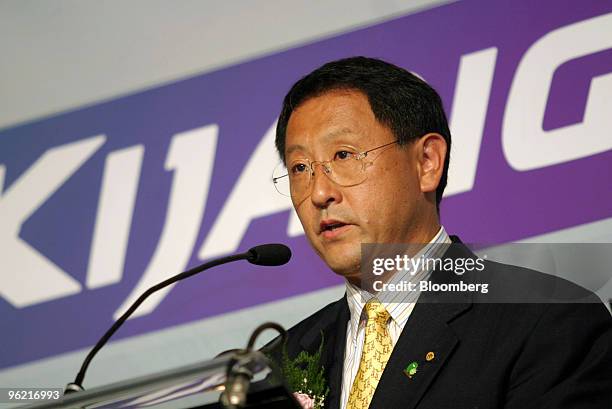Akio Toyoda, the Senior Managing Director of Toyota Motor Corp. Speaks at a press conference at Toyota's Karawang plant outside Jakarta, Wednesday,...