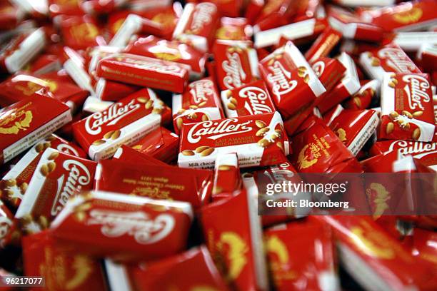 Pile of Nestle chocolate bars seen at the Nestle factory in Broc, Switzerland , Thursday, February 19, 2004. Nestle SA, the world's largest...