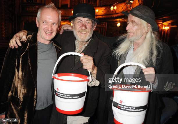 Director Sean Mathias and actors Sir Ian McKellen and Ronald Pickup collect money in aid of Haiti following the cast change of 'Waiting For Godot' at...