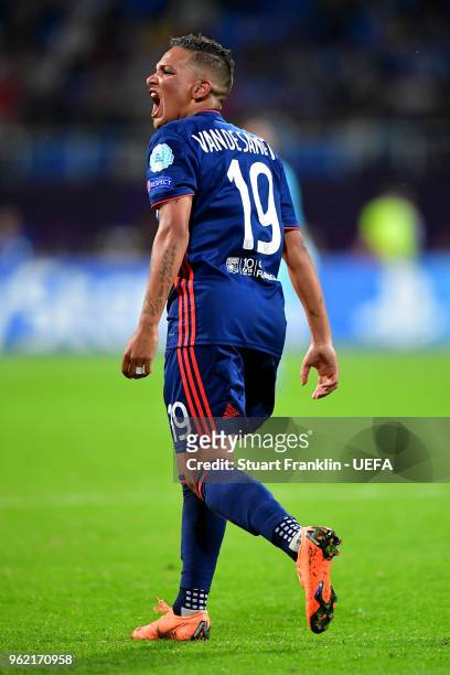 Shanice Van de Sanden of Lyon celebrates after assisting on Camille Abily of Lyon scoring her sides fourth goal during the UEFA Womens Champions...