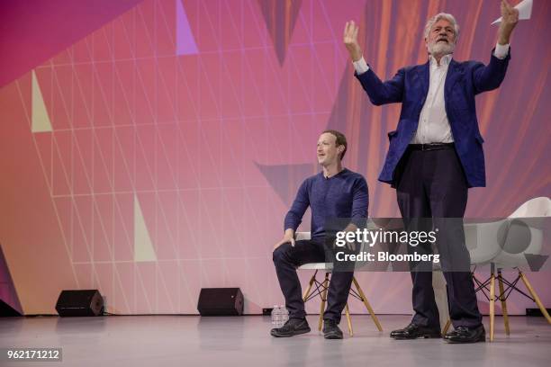 Maurice Levy, co-founder of Vivatech and chairman of the supervisory board of Publicis Groupe SA, gestures towards the audience while Mark...
