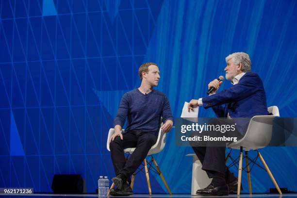 Maurice Levy, co-founder of Vivatech and chairman of the supervisory board of Publicis Groupe SA, speaks while Mark Zuckerberg, chief executive...