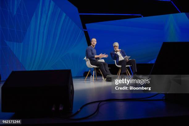 Mark Zuckerberg, chief executive officer and founder of Facebook Inc., speaks while Maurice Levy, co-founder of Vivatech and chairman of the...