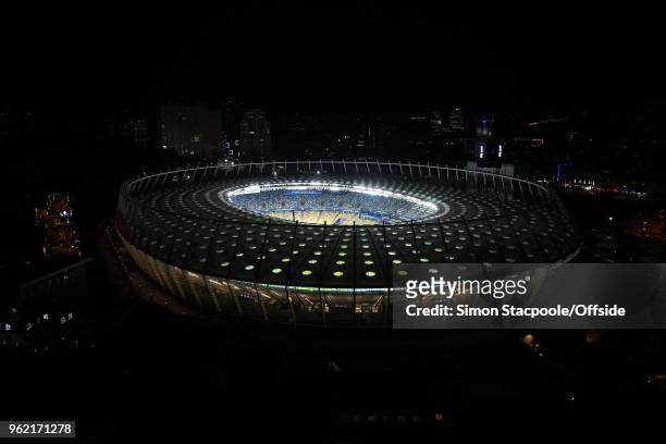 General view at night of the Olympic Stadium, the NSC Olimpiyskiy, ahead of the UEFA Champions League Final between Real Madrid and Liverpool on May...