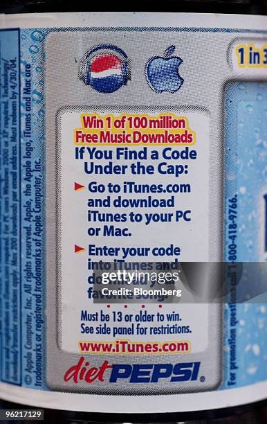 Diet Pepsi label advertises a promotion to give away 100 million music downloads from Apple's iTunes music store in New York on February 19, 2004....