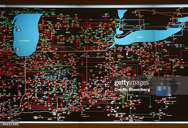 This is a power grid monitored by employees at the Midwest Independent System Operator facility showing Lake Michigan, left, and Lake Erie at the...