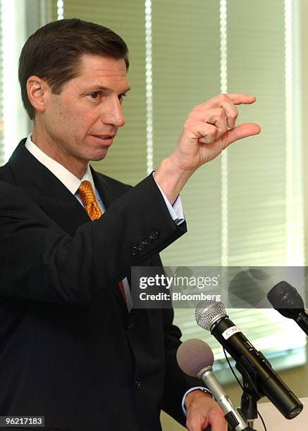 James P. Torgerson, CEO, Midwest Independent System Operator, talks to reporters at briefing at their Carmel, Indiana facilities, February 18, 2004....