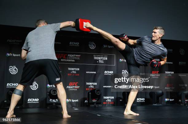 Stephen Thompson in action during the UFC Fight Night open workouts at Space by Echo Arena on May 24, 2018 in Liverpool, England.