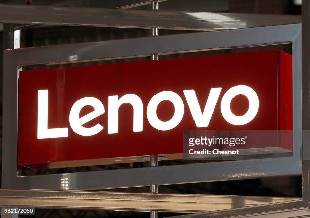 Lenovo logo is displayed during the Viva Technologie show at Parc des Expositions Porte de Versailles on May 24, 2018 in Paris, France. Viva...