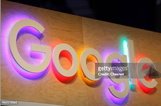Google logo is displayed during the Viva Technologie show at Parc des Expositions Porte de Versailles on May 24, 2018 in Paris, France. Viva...