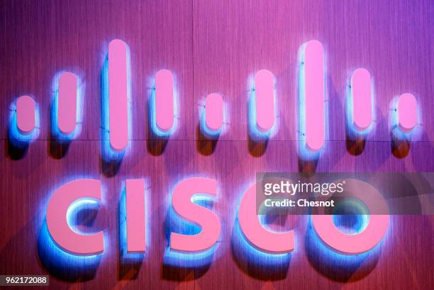 Cisco logo is displayed during the Viva Technologie show at Parc des Expositions Porte de Versailles on May 24, 2018 in Paris, France. Viva...