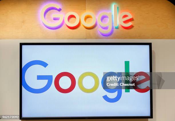 Google logos are displayed during the Viva Technologie show at Parc des Expositions Porte de Versailles on May 24, 2018 in Paris, France. Viva...