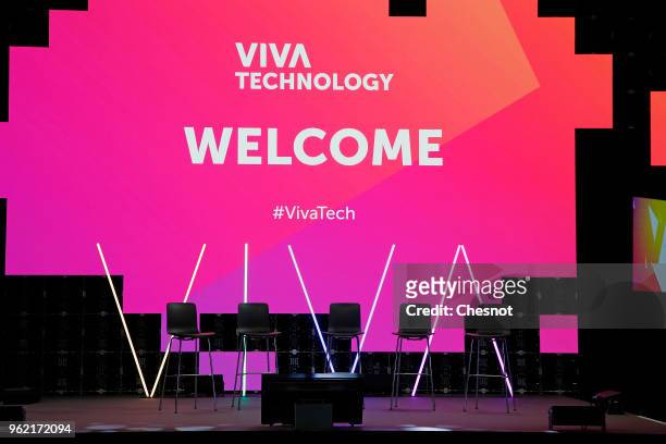 Viva Technologie logo is displayed during the Viva Technologie show at Parc des Expositions Porte de Versailles on May 24, 2018 in Paris, France....