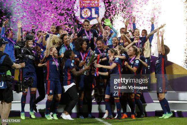 Goalkeeper Sarah Bouhaddi of Olympique Lyonnais, Wendie Renard of Olympique Lyonnais, Selma Bacha of Olympique Lyonnais, Saki Kumagai of Olympique...