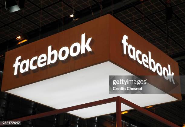 Facebook logos are displayed during the Viva Technologie show at Parc des Expositions Porte de Versailles on May 24, 2018 in Paris, France. Viva...