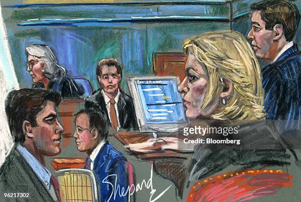 Assitant US Attroney Michael Schachter, far right, cross-examines FBI Special Agent Michael Thomas Ryan, third from right, in charge of cell phone...