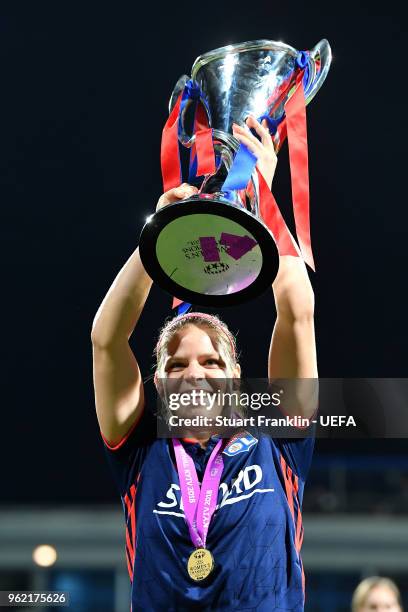 Eugenie Le Sommer of Lyon celebrates with the trophy after the UEFA Womens Champions League Final between VfL Wolfsburg and Olympique Lyonnais on May...