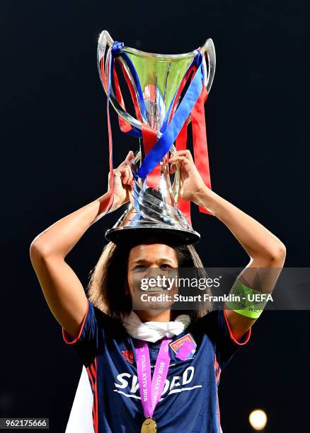 Wendie Renard of Lyon celebrates with the trophy after the UEFA Womens Champions League Final between VfL Wolfsburg and Olympique Lyonnais on May 24,...