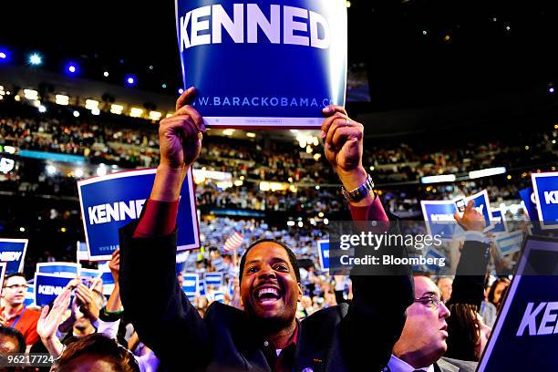 Supporters cheer on Edward "Ted" Kennedy, a Democratic senator from Massachusetts, as he speaks during day one of the 2008 Democratic National...