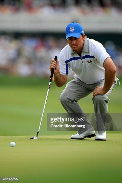Graeme McDowell of the European team lines up an eagle putt on the 7th hole during an afternoon four-ball match on day one of the 37th Ryder Cup at...