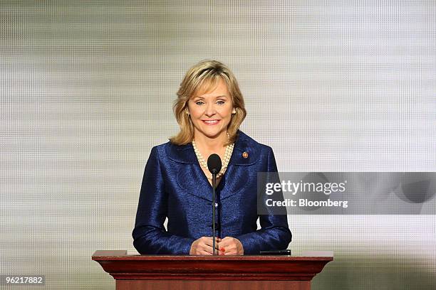 Mary Fallin, a Republican representative from Oklahoma, speaks on day four of the Republican National Convention at the Xcel Energy Center in St....