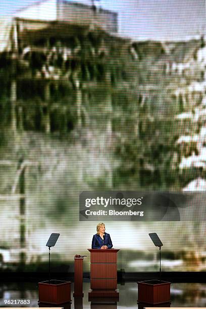 Mary Fallin, a Republican representative from Oklahoma, speaks as a video of the Oklahoma City bombing is displayed on day four of the Republican...