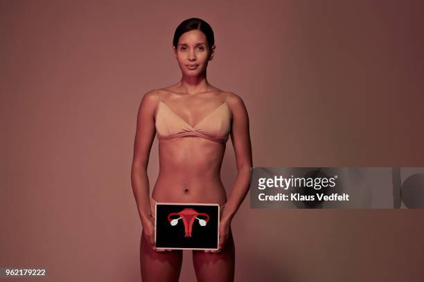 young woman holding tablet in front of body to show womb & ovaries - ovary stock pictures, royalty-free photos & images