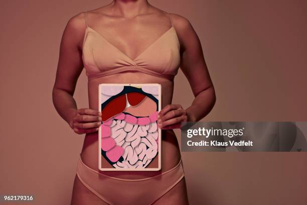 young woman holding tablet in front of stomach to show intestines - human intestine stockfoto's en -beelden