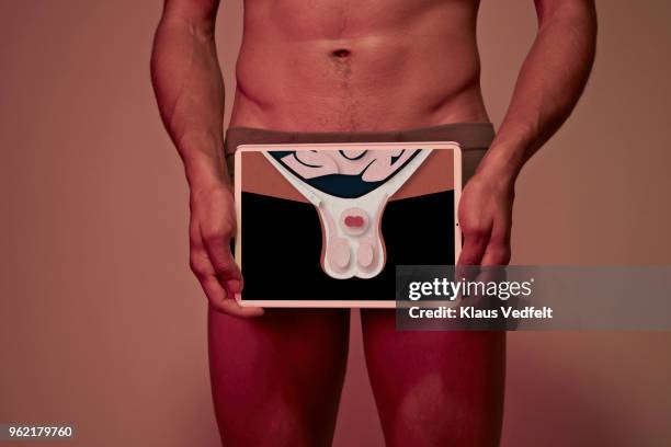 young man holding tablet in front of body to display x-ray view of testicles - genitals bildbanksfoton och bilder