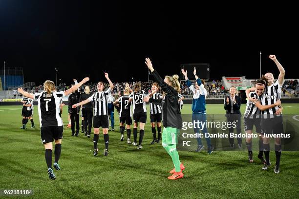 Juventus team celebrate during the women serie A final match between Juventus Women and Brescia calcio Femminile at Silvio Piola Stadium on May 20,...