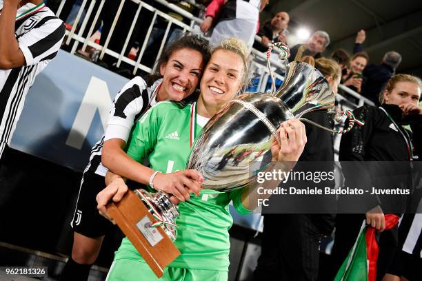 Michela Franco , Federica Russo of Juventus celebrates during the women serie A final match between Juventus Women and Brescia calcio Femminile at...