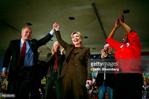 Hillary Clinton, U.S. Senator from New York and 2008 Democratic presidential candidate, center, is introduced by Ted Strickland, governor of Ohio,...