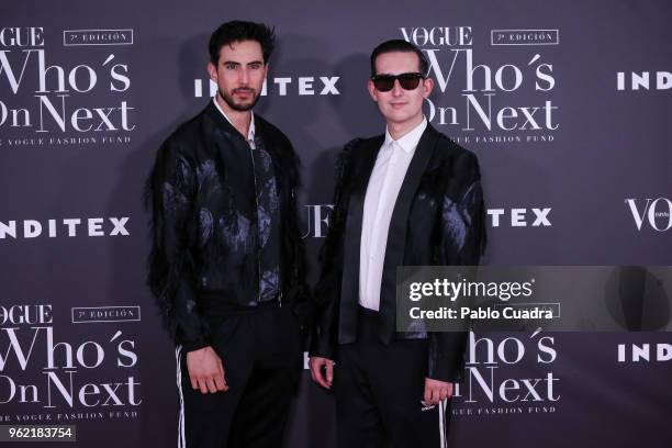 Pepino Marino and Crawford attend the 'Vogue Who's On Next' awards photocall at Fernan Nunez Palace on May 24, 2018 in Madrid, Spain.